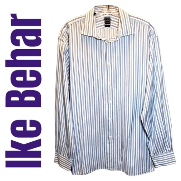 IKE BEHAR 100% Cotton Long Sleeve Striped Button Up Dress Shirt, Size 17 - Picture 10 of 10
